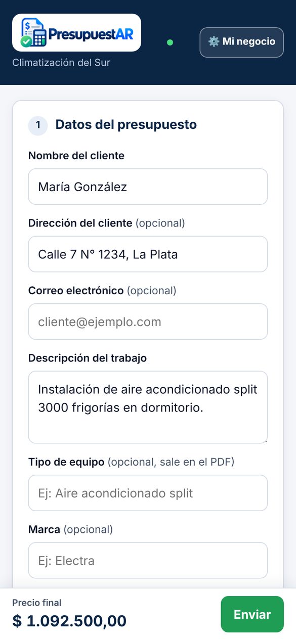 Completás el presupuesto en el celular